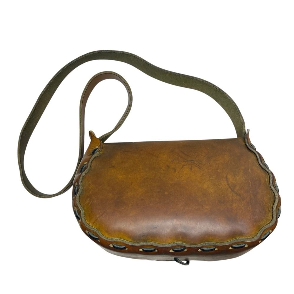 1960s/70s Vintage Hand Tooled Leather & Painted Flower Shoulder Bag Purse Boho - Picture 5 of 12